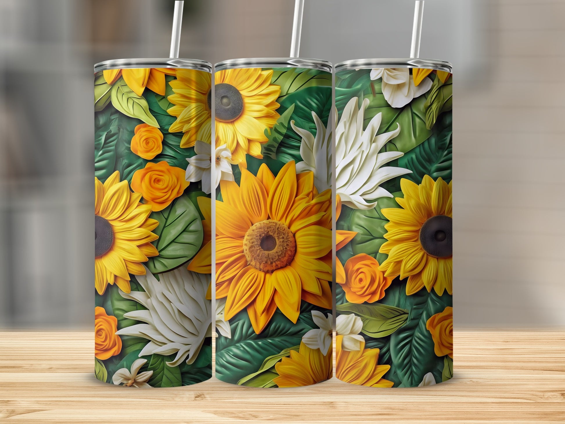 Sunflowers and Leaves Patterned Tumbler with Straw