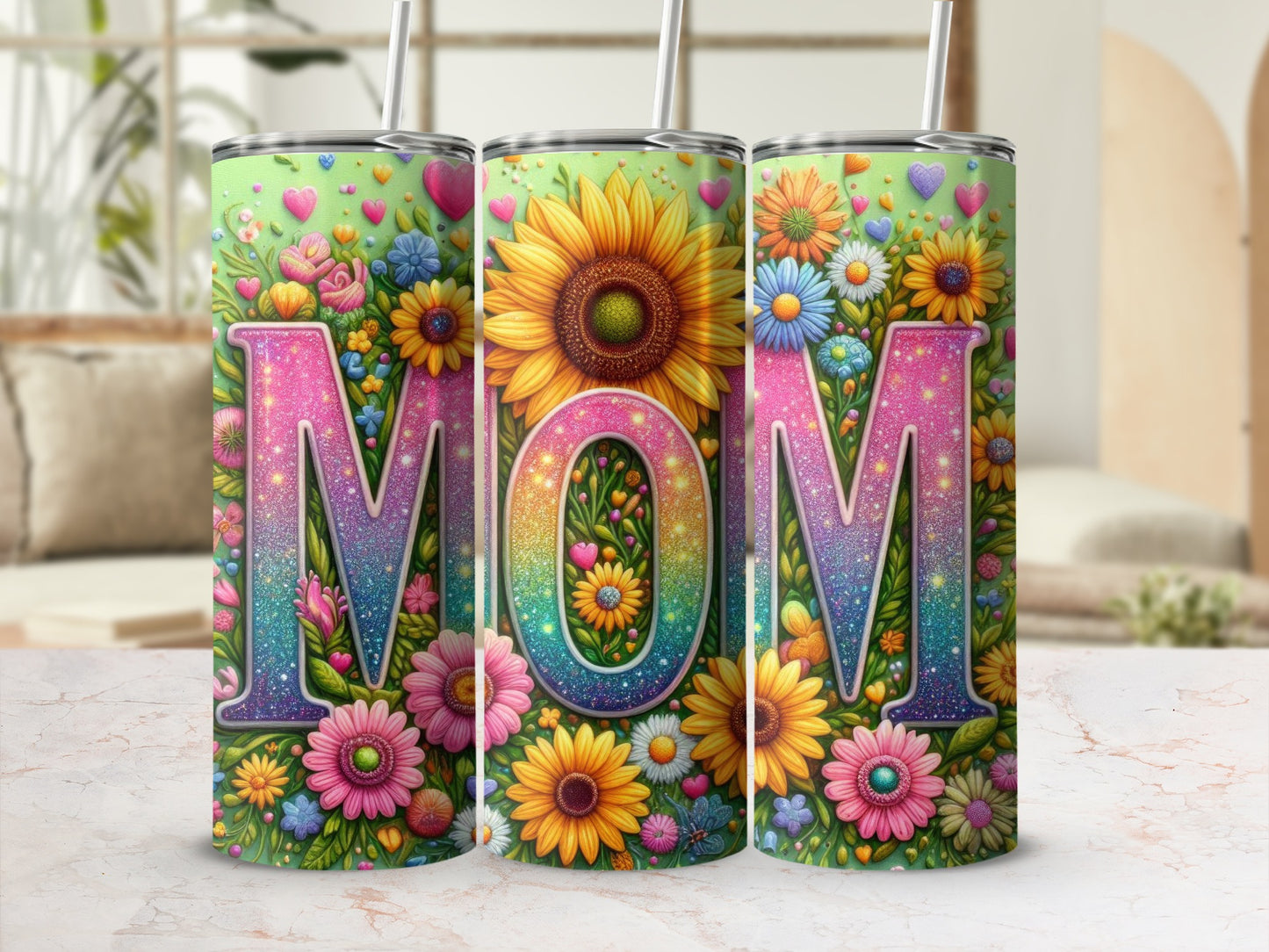 Tall tumbler with "MOM" in glittery floral letters, surrounded by colorful flowers and hearts.