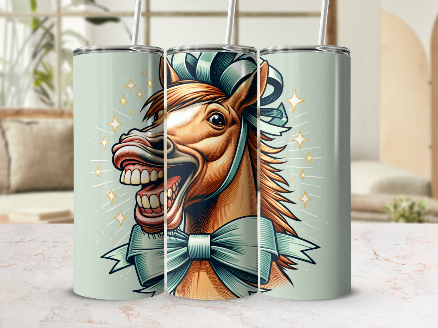 Illustration of a cartoon horse with wide smile and blue bow on a tumbler.