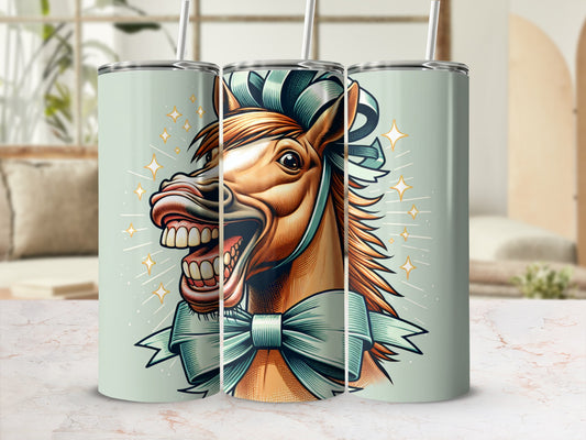 Illustration of a cartoon horse with wide smile and blue bow on a tumbler.