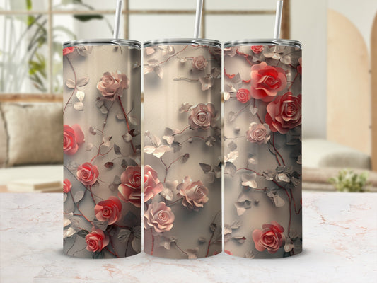 Three tumblers with a floral rose vine pattern.
