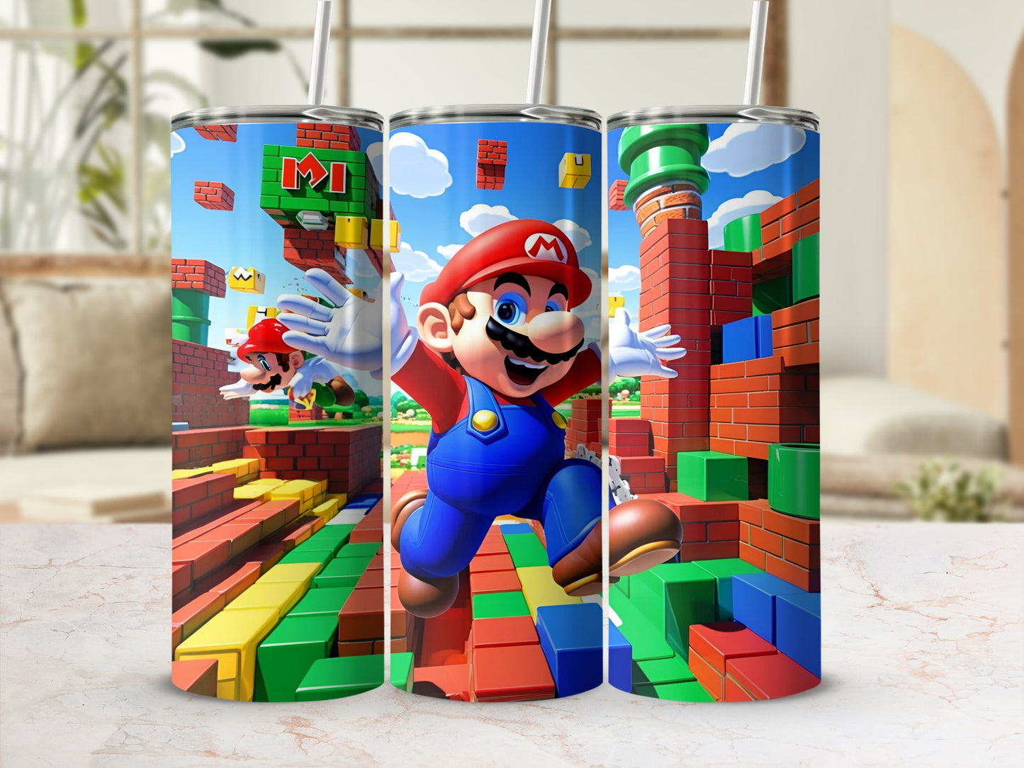 Mario running through a colorful Super Mario Bros game level.