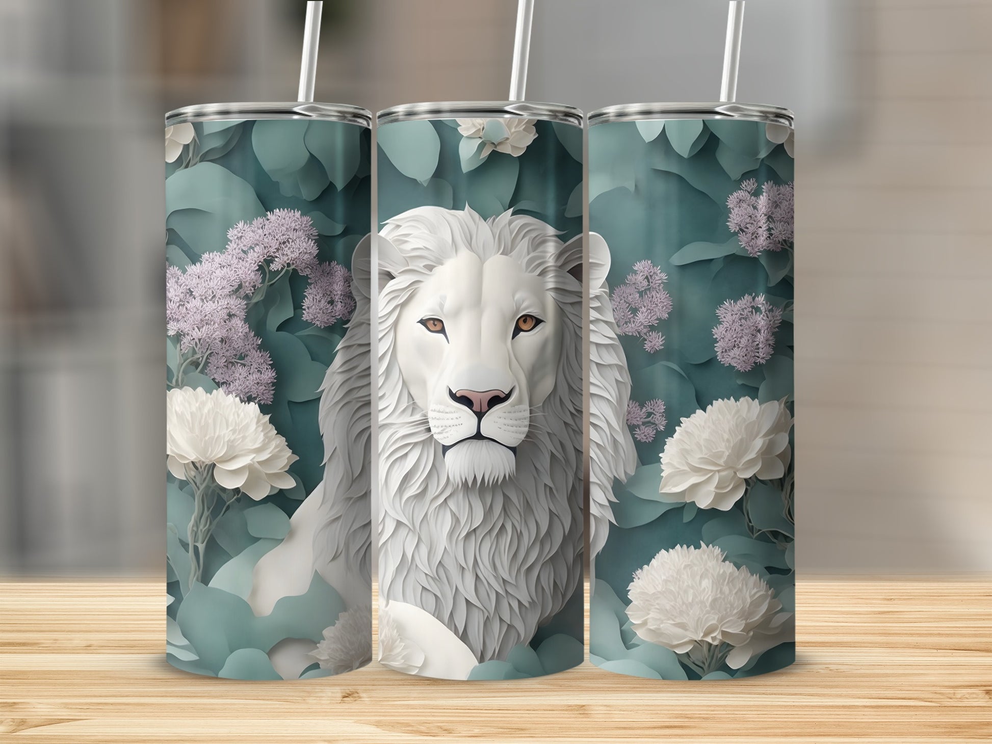 White lion face with floral patterns on a tumbler.
