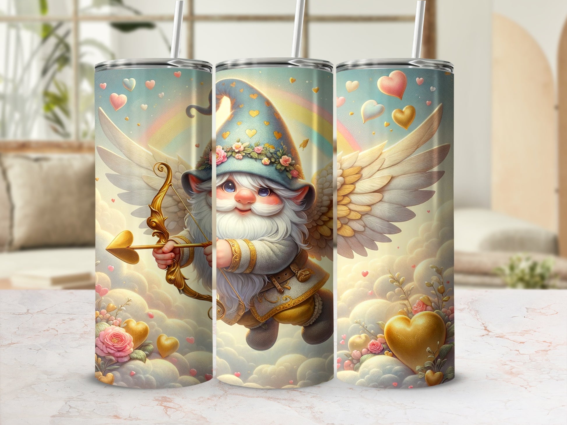 Adorable Winged Gnome with Bow and Hearts Tumbler