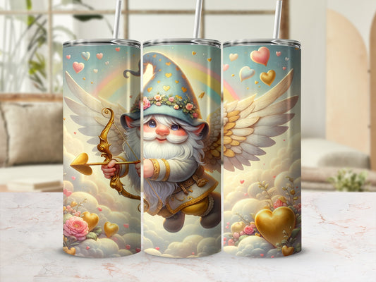 Adorable Winged Gnome with Bow and Hearts Tumbler