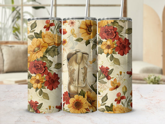 Cowboy boot with a floral pattern on a tumbler.