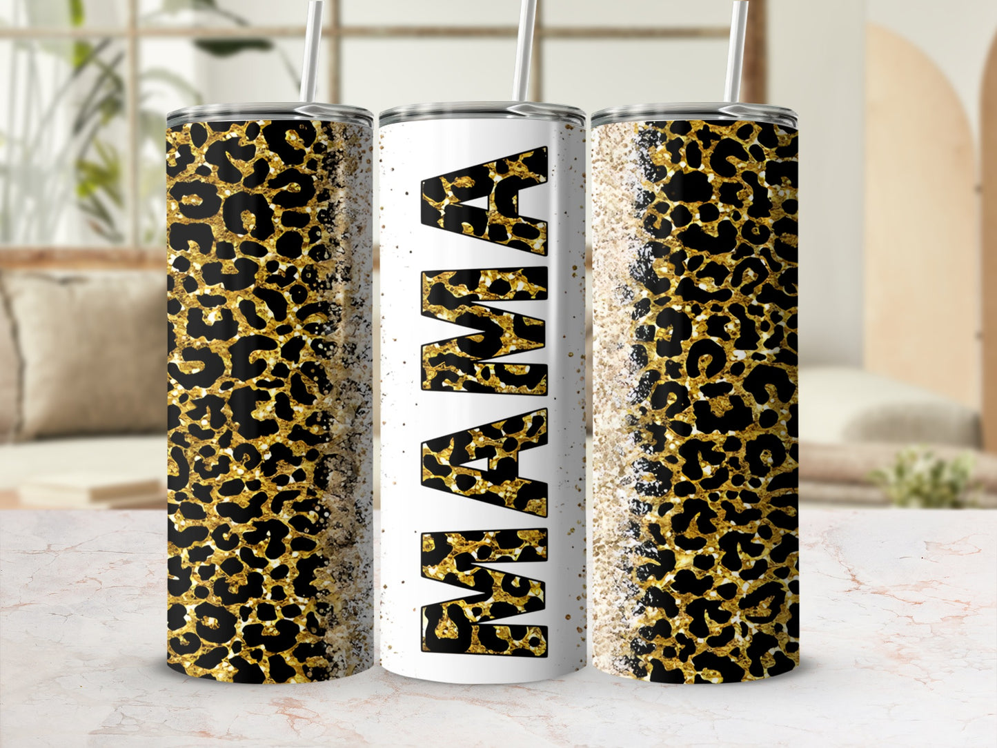 Leopard print tumbler with "Mama" in gold glitter text.