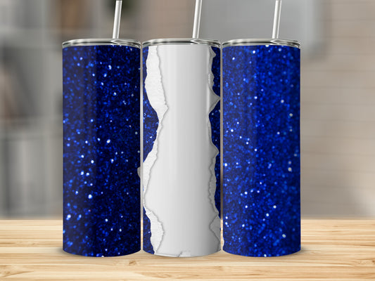 Three glittery blue tumblers with torn paper design and white straws.