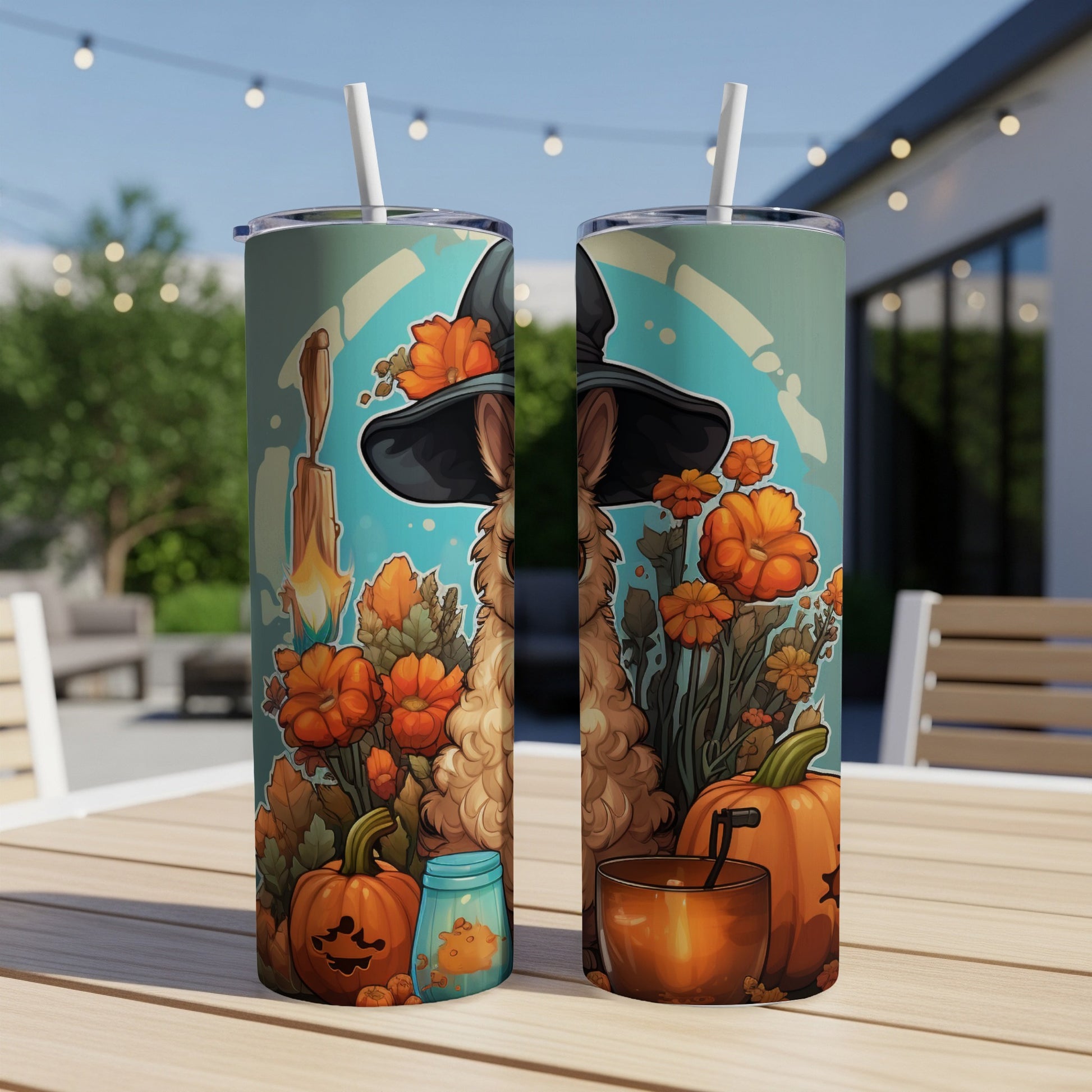 Two tumblers with a witch hat llama and Halloween pumpkins design.