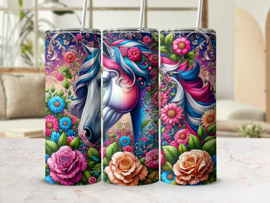 Horse head with vibrant floral patterns on a skinny tumbler.
