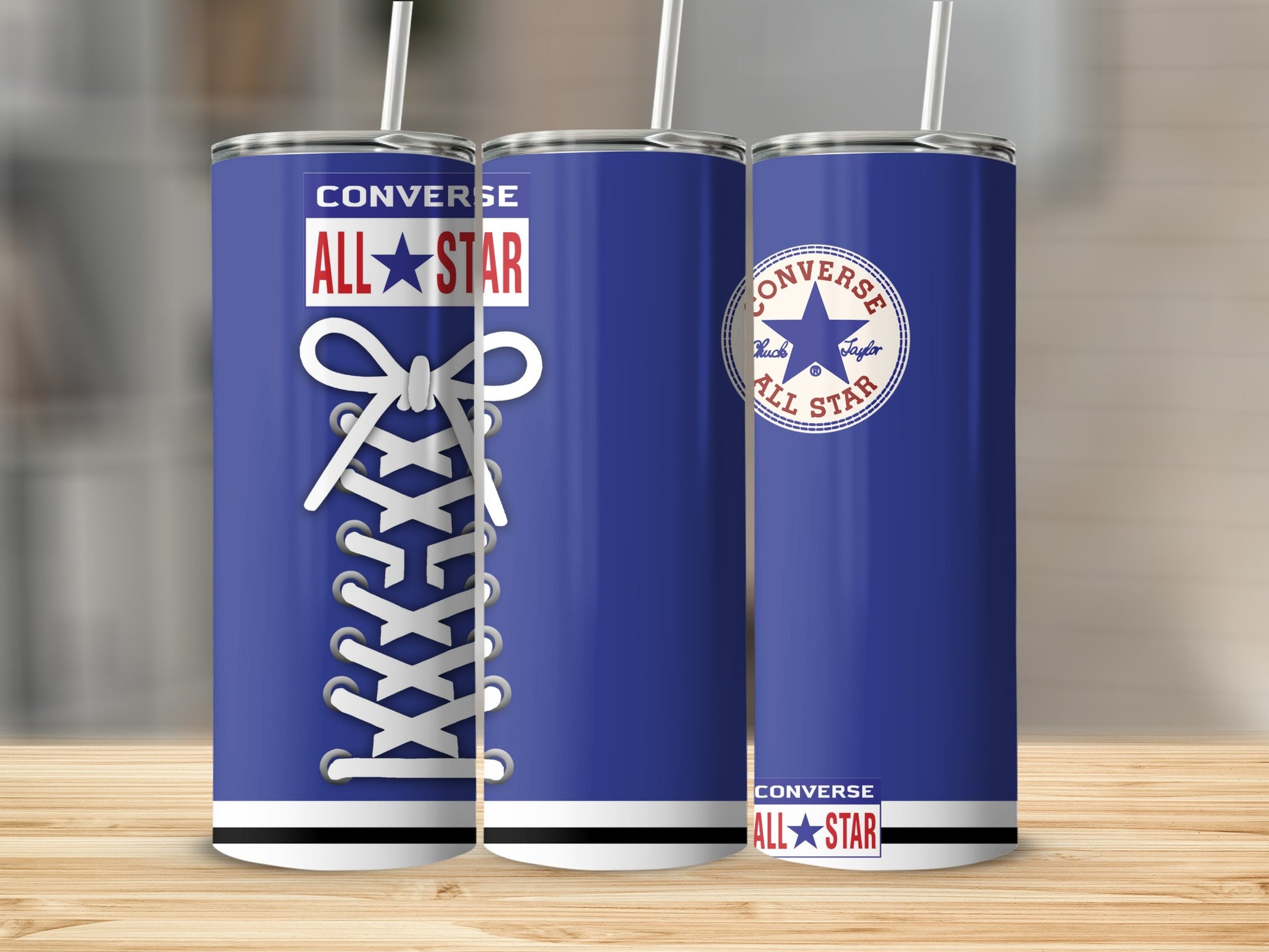 Three blue Converse All-Star tumblers with white laces and logos.