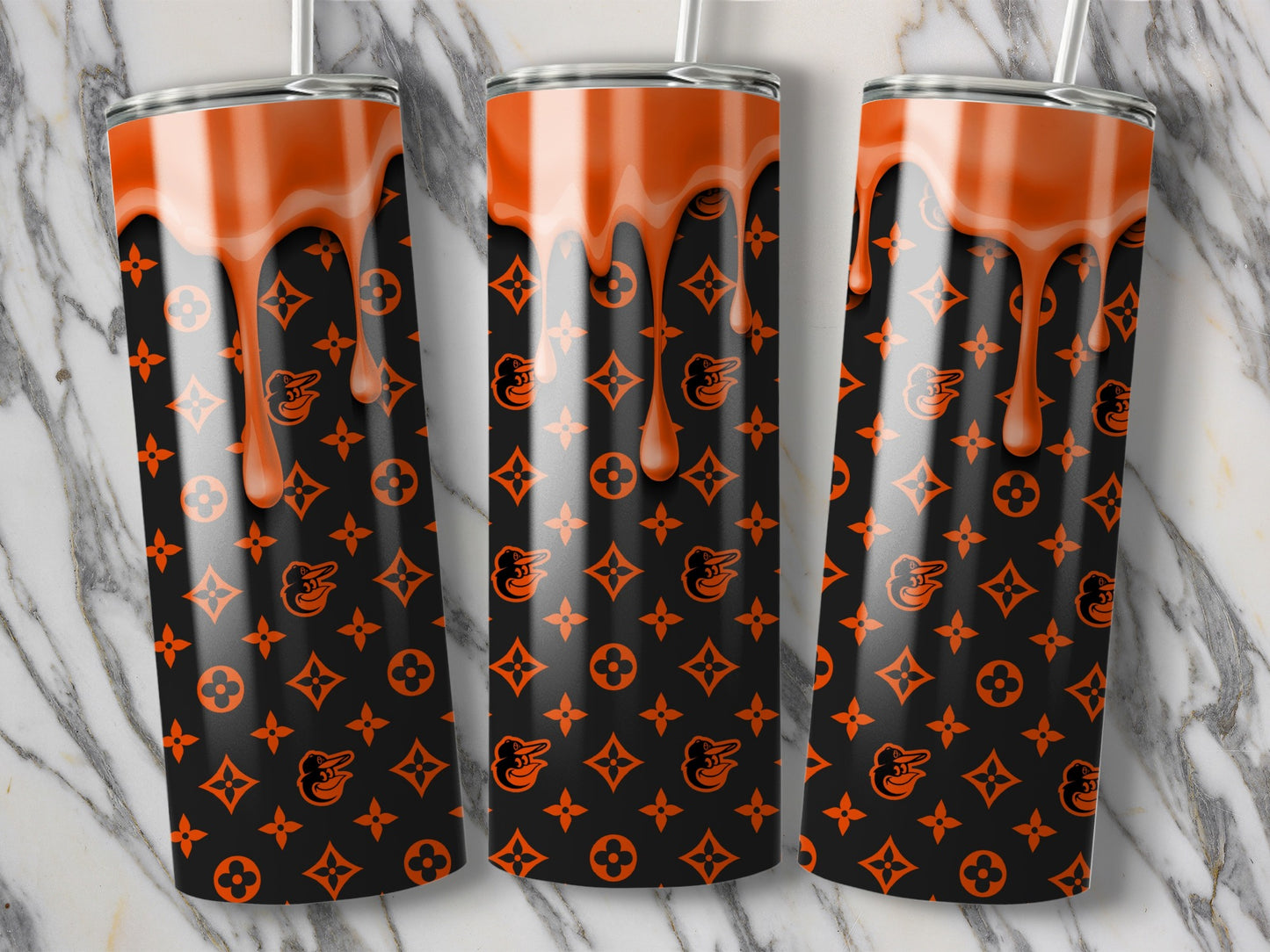 Orange Drip With Baltimore Orioles Pattern Tumblers