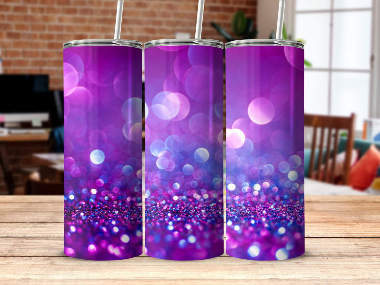 Sparkling Purple Glitter Tumbler with Straws