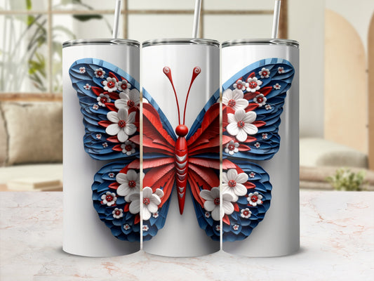 White tumblers with a red, white, and blue butterfly design.