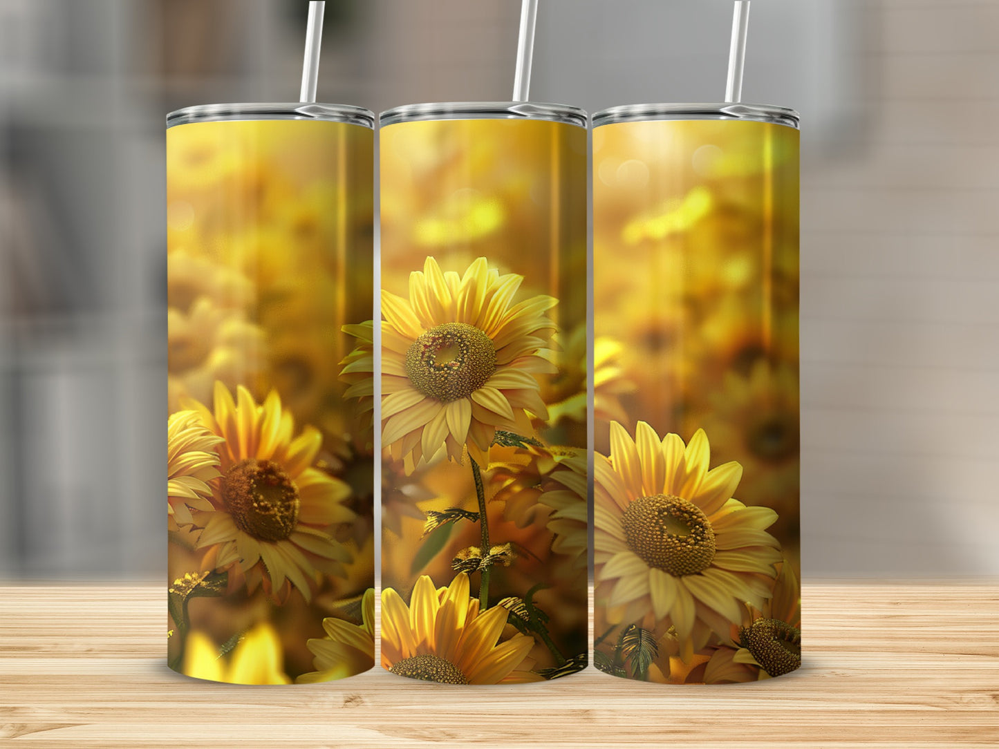 Three tumblers with a golden sunflower field design.