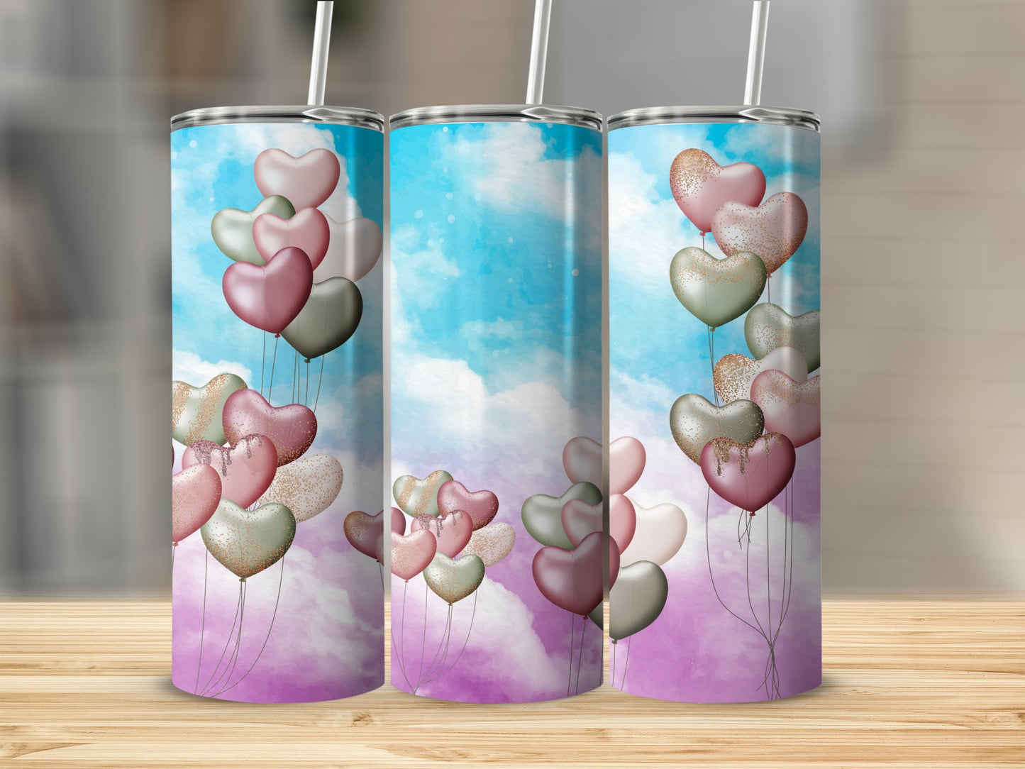 Romantic Heart Balloons and Cloudy Sky Tumbler