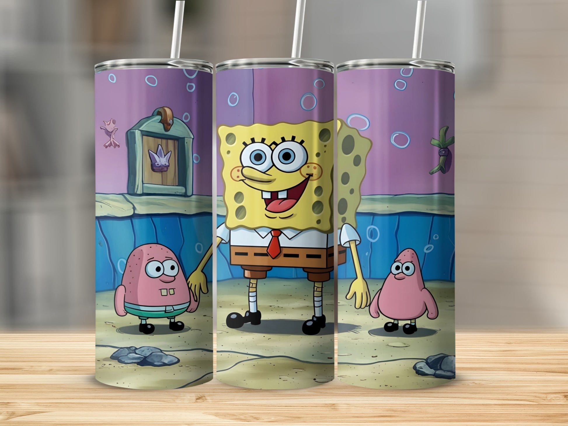 SpongeBob SquarePants and Patrick Star on a sandy seabed.