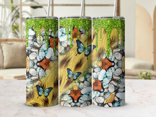 Three tumblers with a distressed wood, stone, and butterfly pattern.