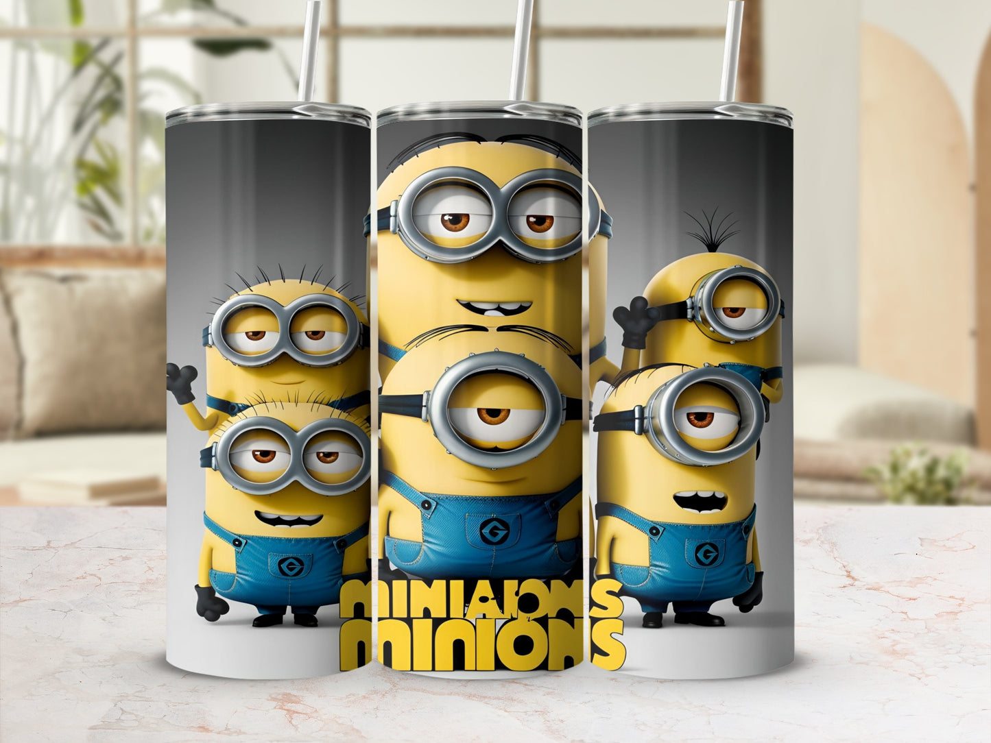 Minions in blue overalls on a tumbler with "Minions" text.