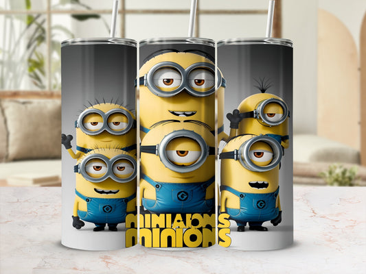 Minions in blue overalls on a tumbler with "Minions" text.