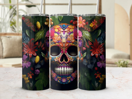 Three tumblers with a colorful floral skull design against a dark floral background.