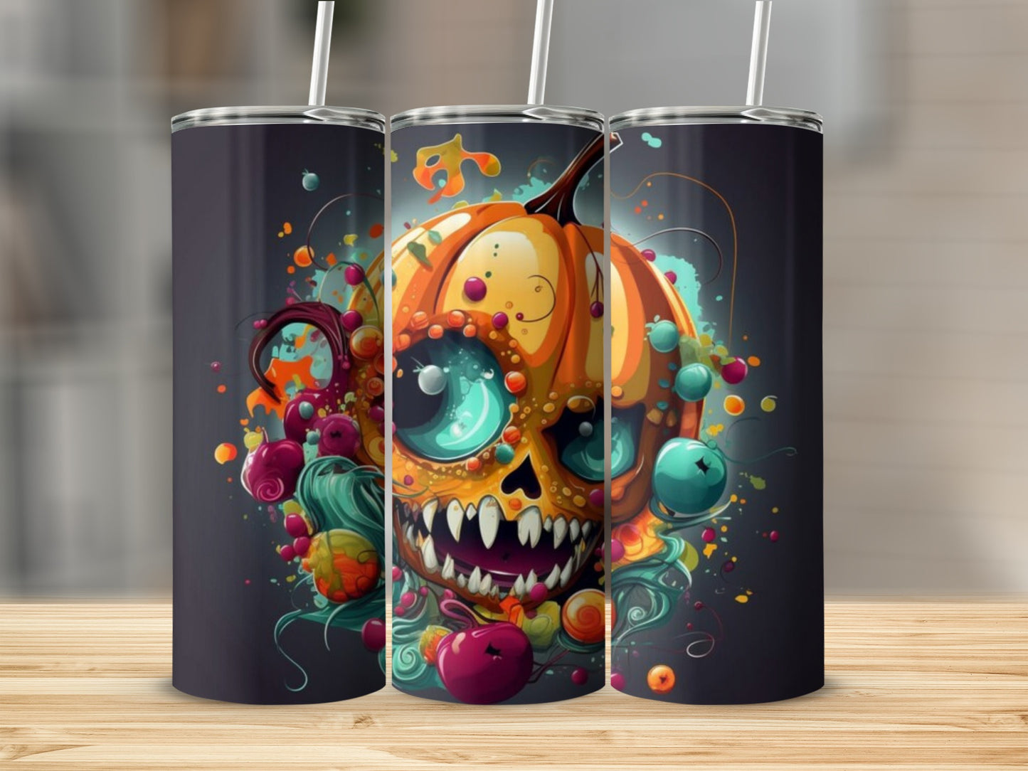 Three tumblers with a cartoonish pumpkin skull and colorful Halloween candies design.