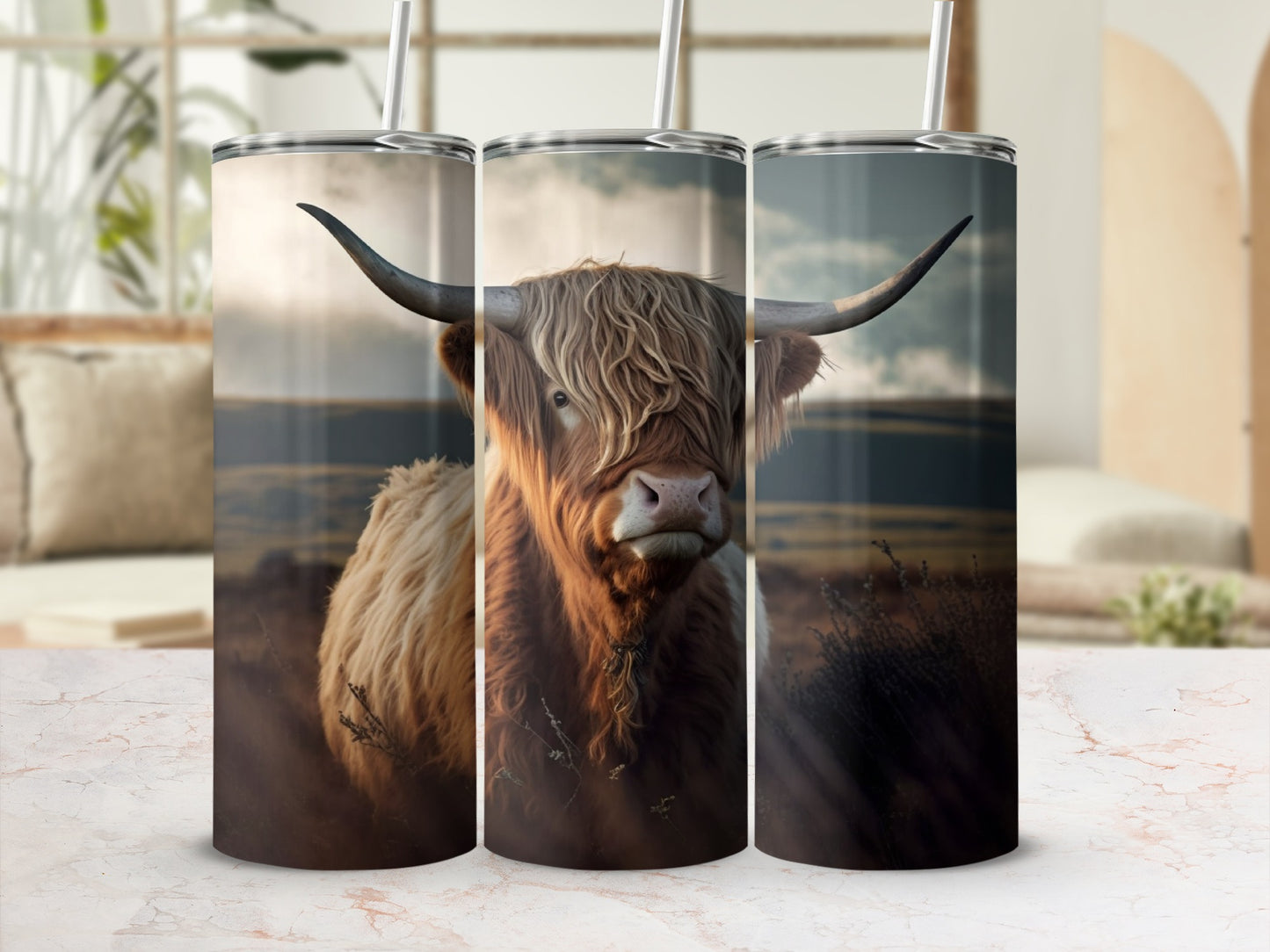 Highland cow with shaggy mane and horns on a rustic tumbler.