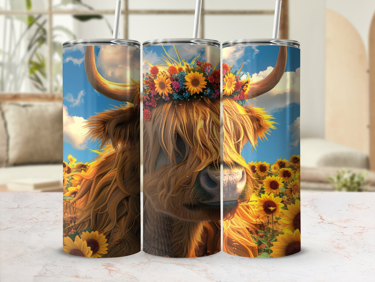 Highland cow with floral crown in sunflower field.