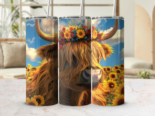 Highland cow with floral crown in sunflower field.