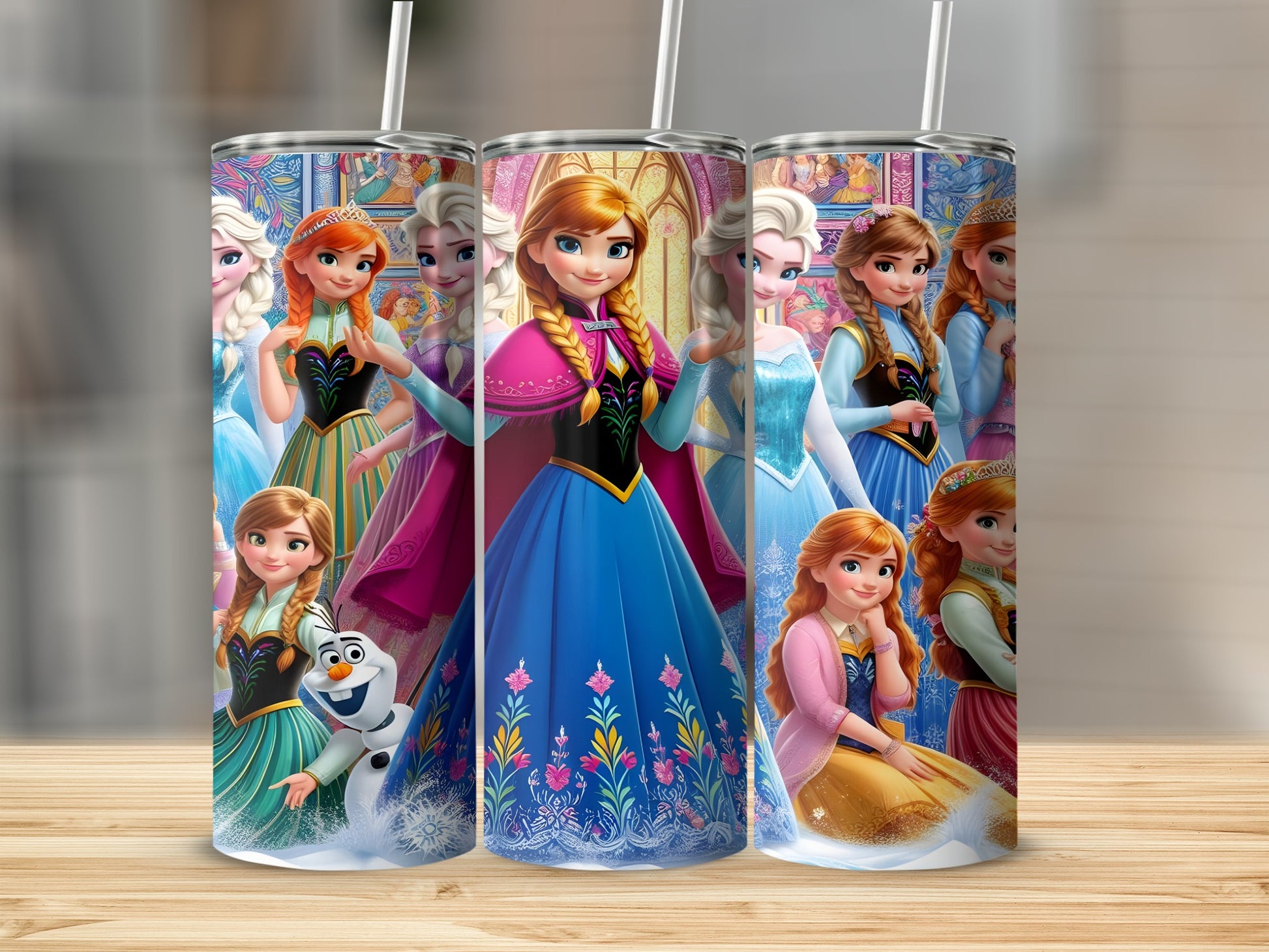 Three tumblers featuring Elsa, Anna, and Olaf from Disney's Frozen.