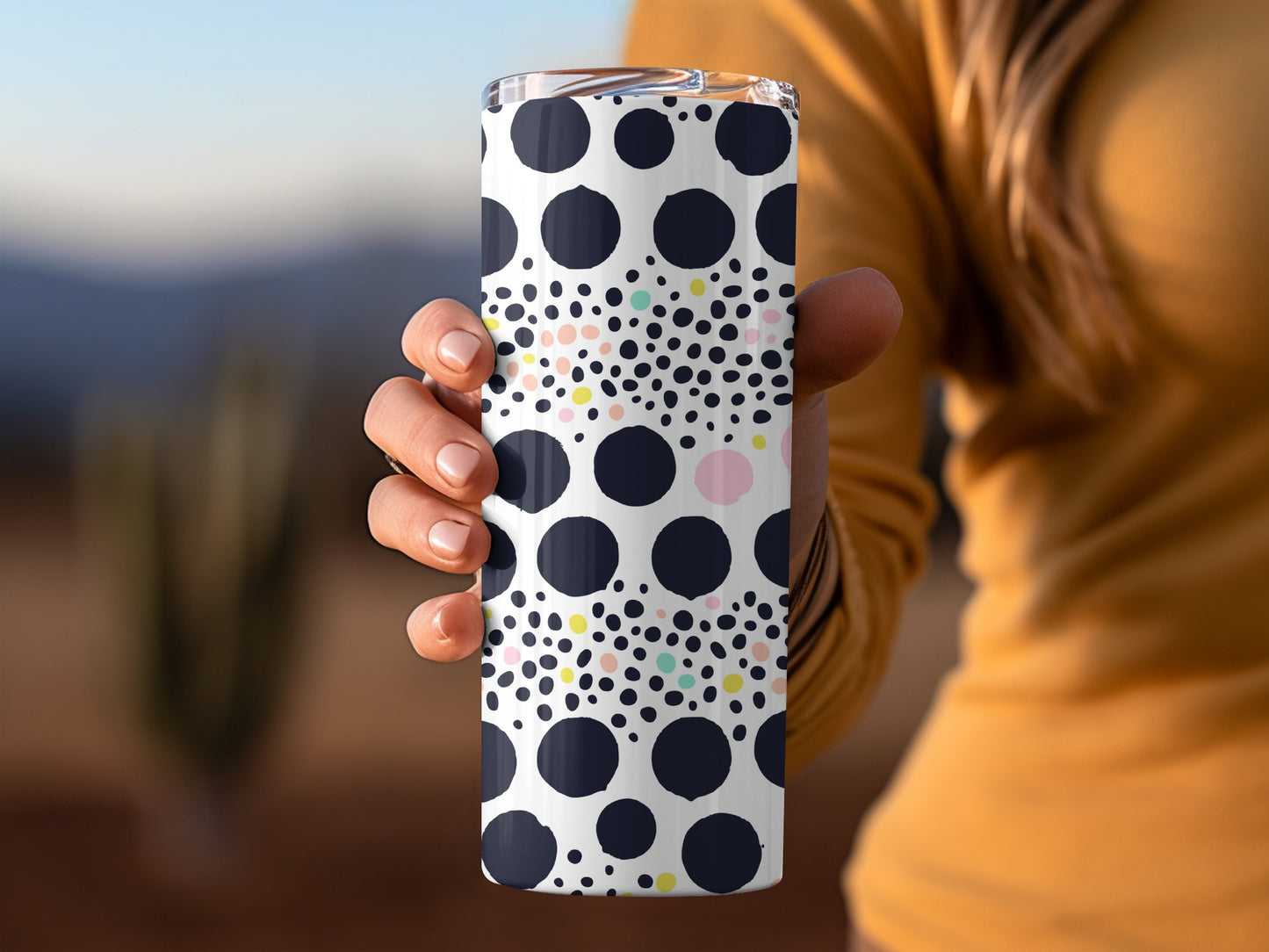 Stylish Polka Dot Patterned Tumbler with Black Dots