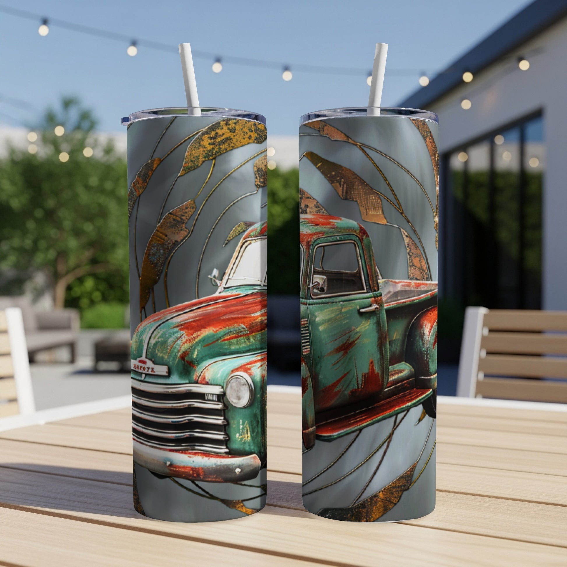 Vintage turquoise and red truck graphic on two insulated tumblers.