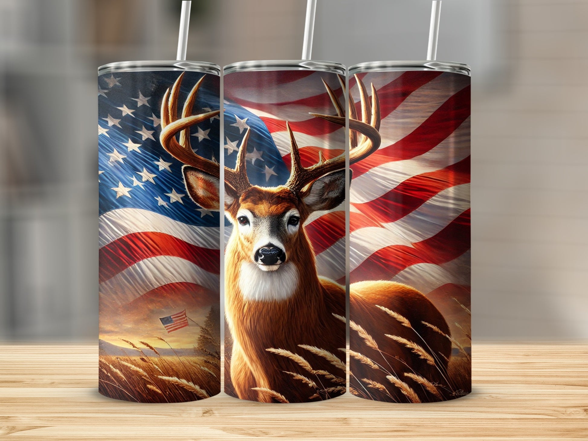 Patriotic American Flag Deer Design Tumbler Product
