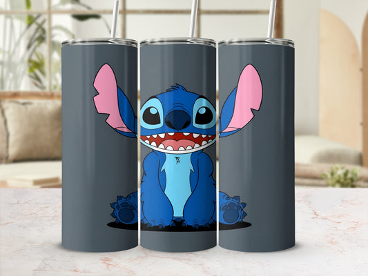 Blue Stitch character with wide smile on gray tumbler with straw.