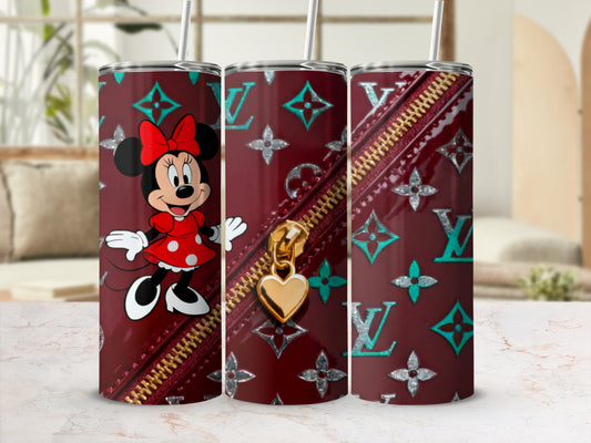 Maroon tumbler with Mickey Mouse, LV pattern, and gold heart zipper charm.