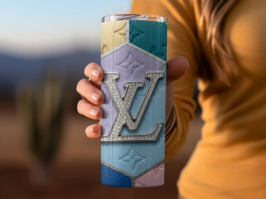 Stylish Monogram Design Tumbler with Blue and Gold Pattern