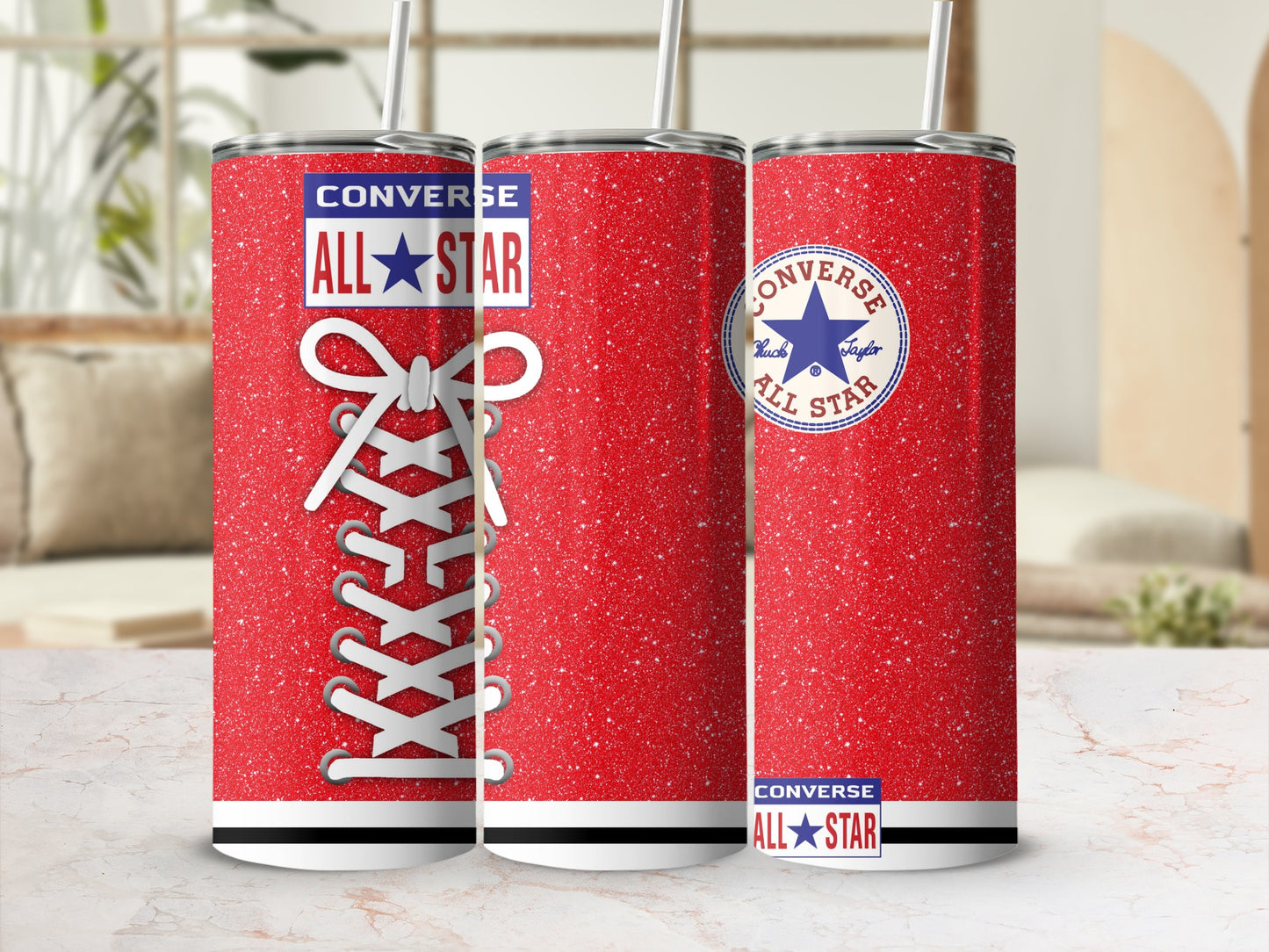 Red Converse All Star tumbler with white laces and glitter.