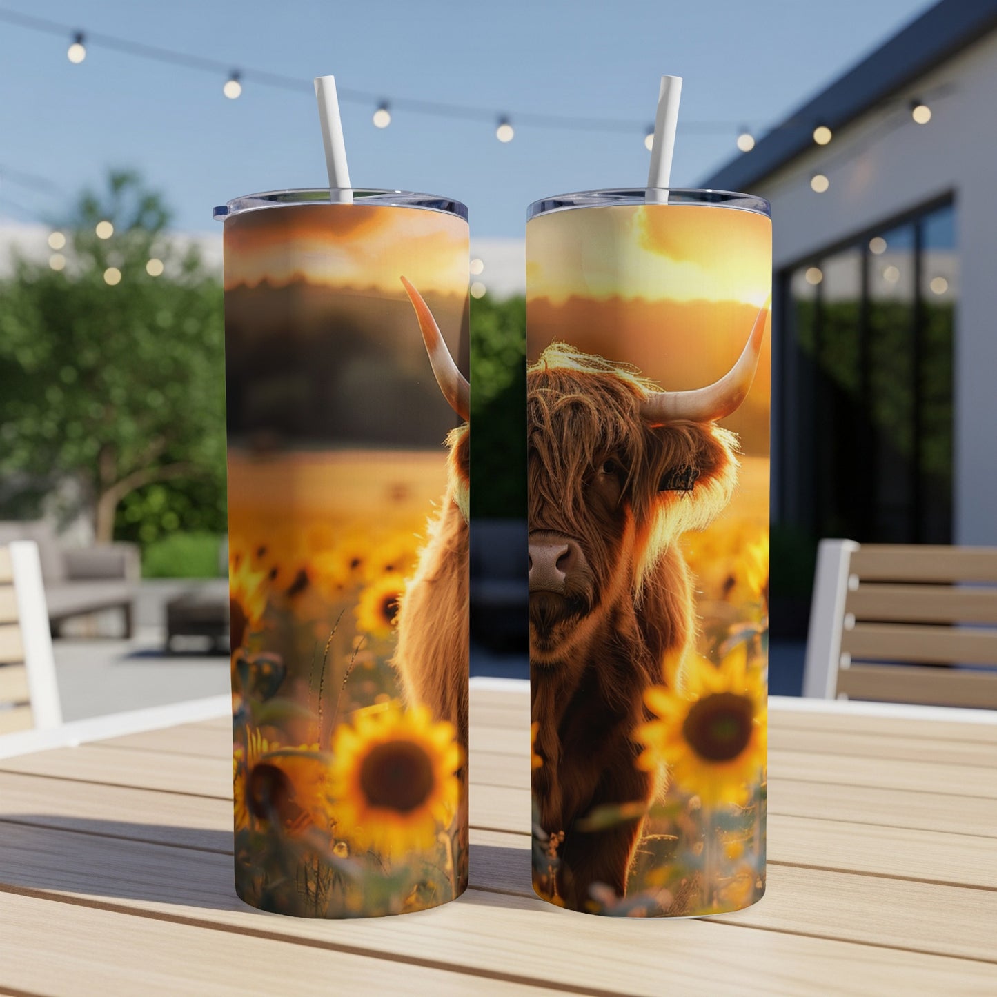 Highland cow with sunflowers at sunset on insulated tumblers.