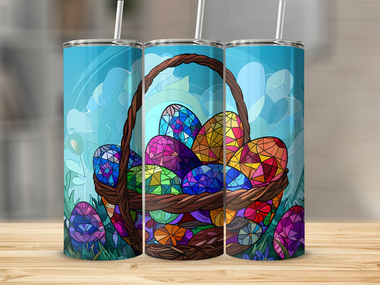 Woven Easter basket filled with colorful stained-glass style eggs.
