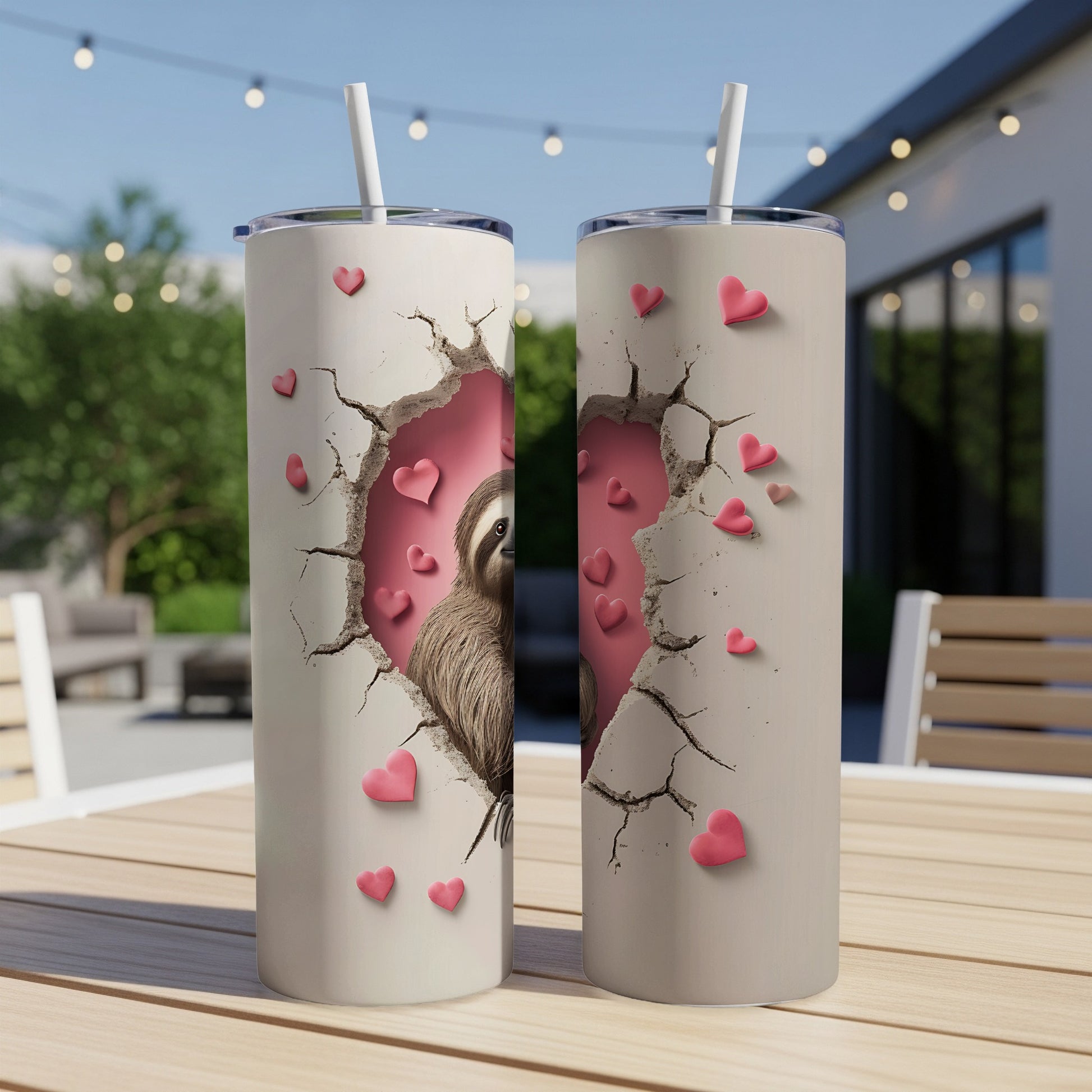 Sloth bursting through cracked wall with pink hearts.
