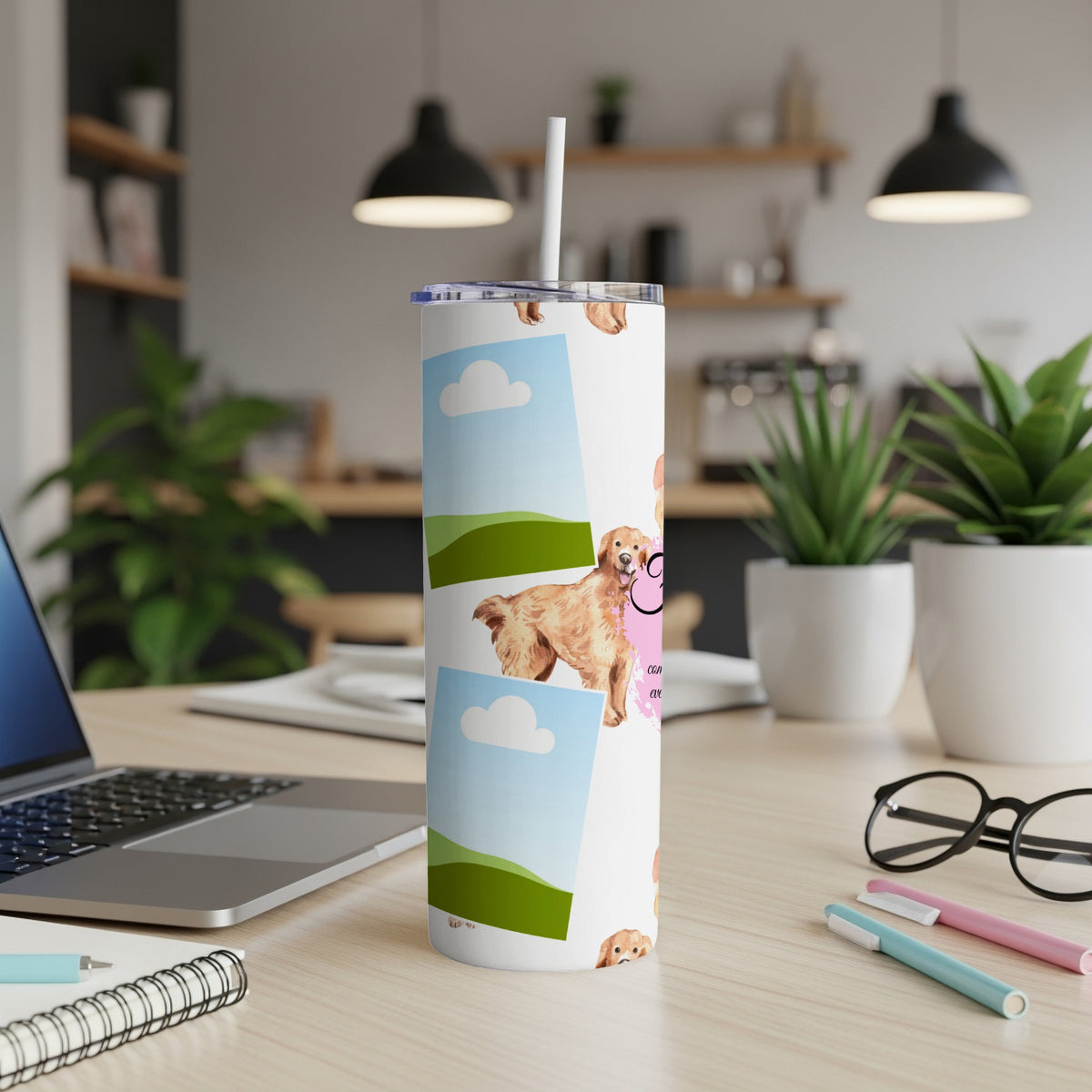 Tumbler with golden retriever and landscape photo design.