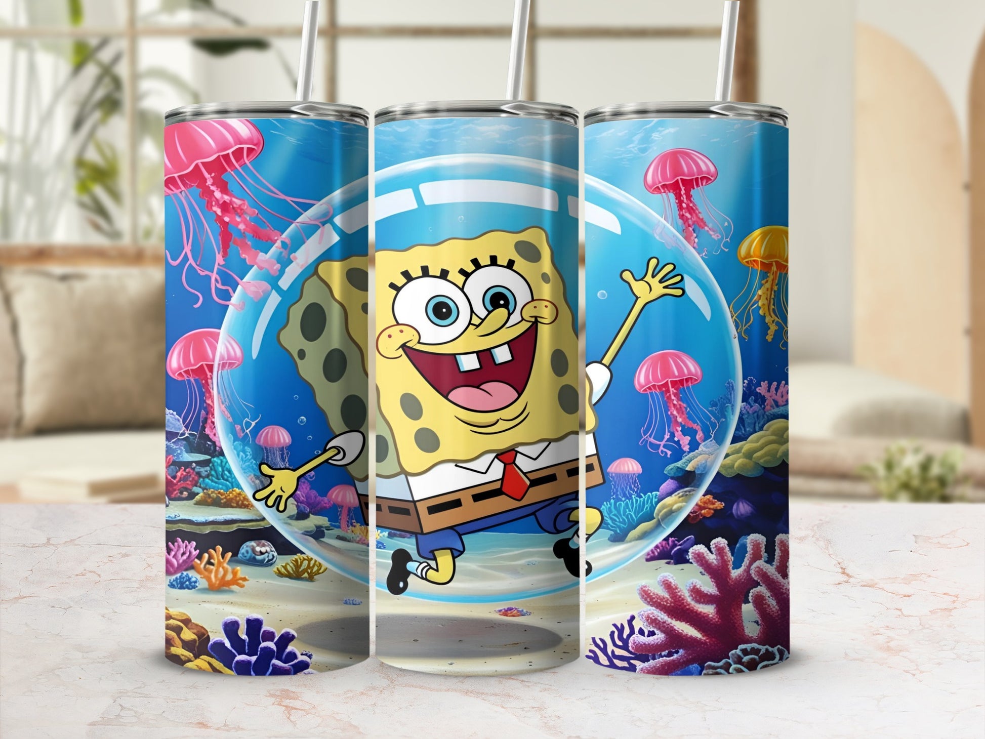 SpongeBob SquarePants character in a bubble with jellyfish and coral underwater.