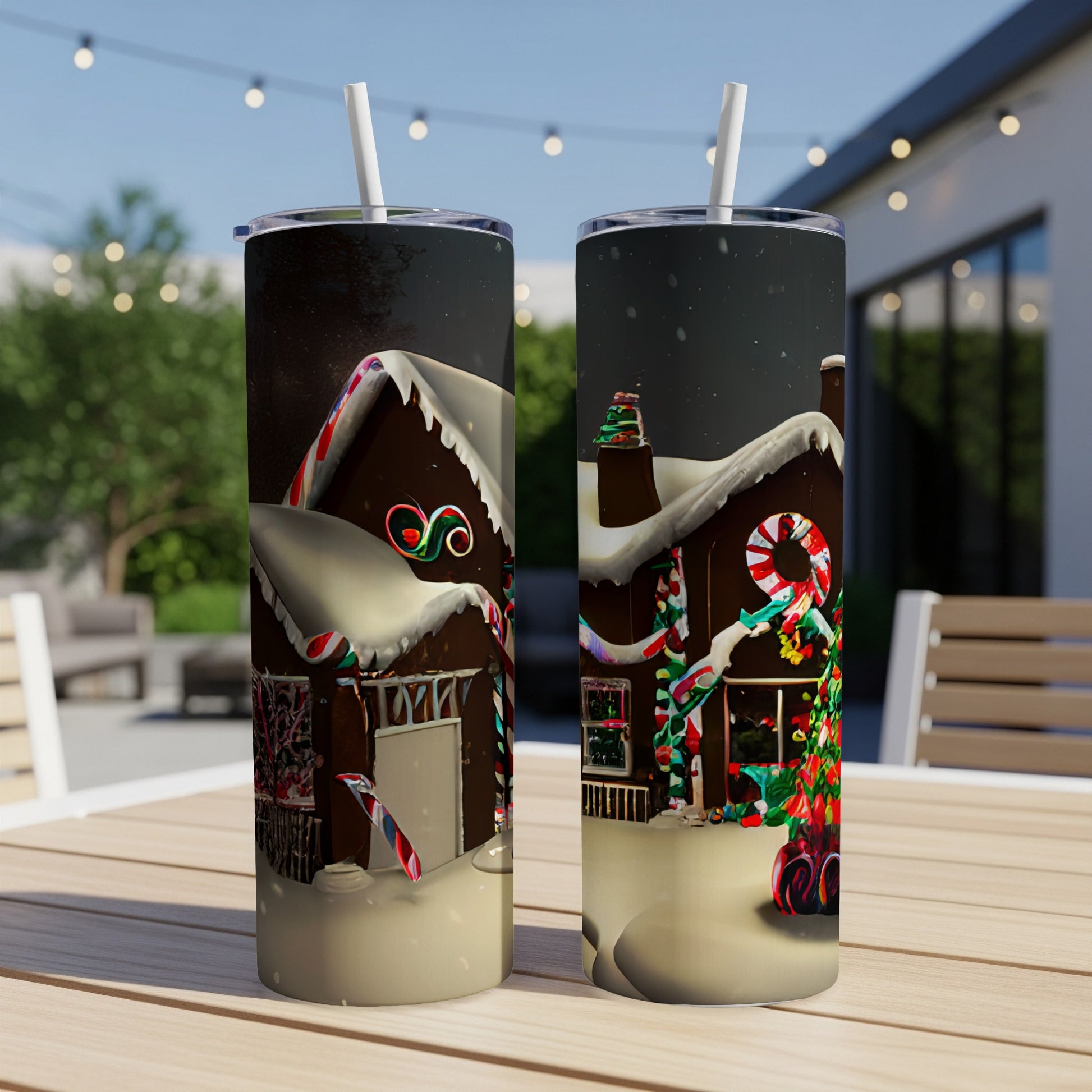 Two tumblers with a gingerbread house design on a wooden table.