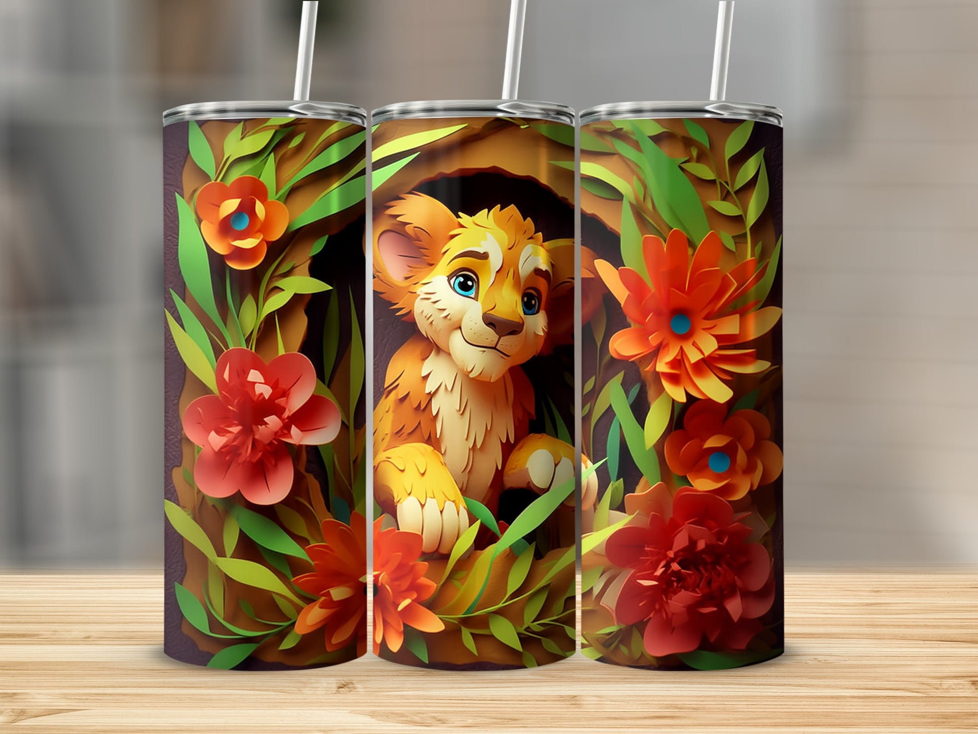 Cute Lion and Vibrant Flowers Design Tumbler