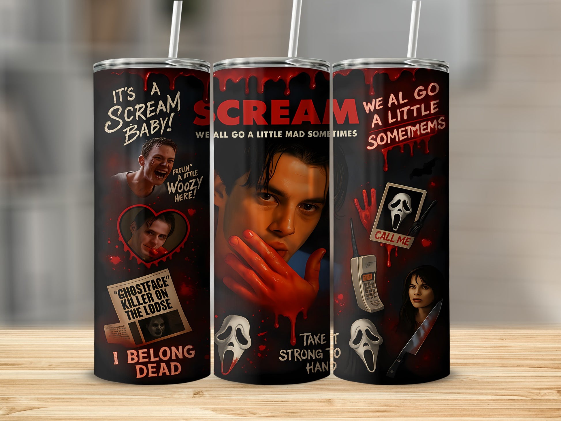Scream movie themed tumblers with Ghostface masks, characters, and quotes.