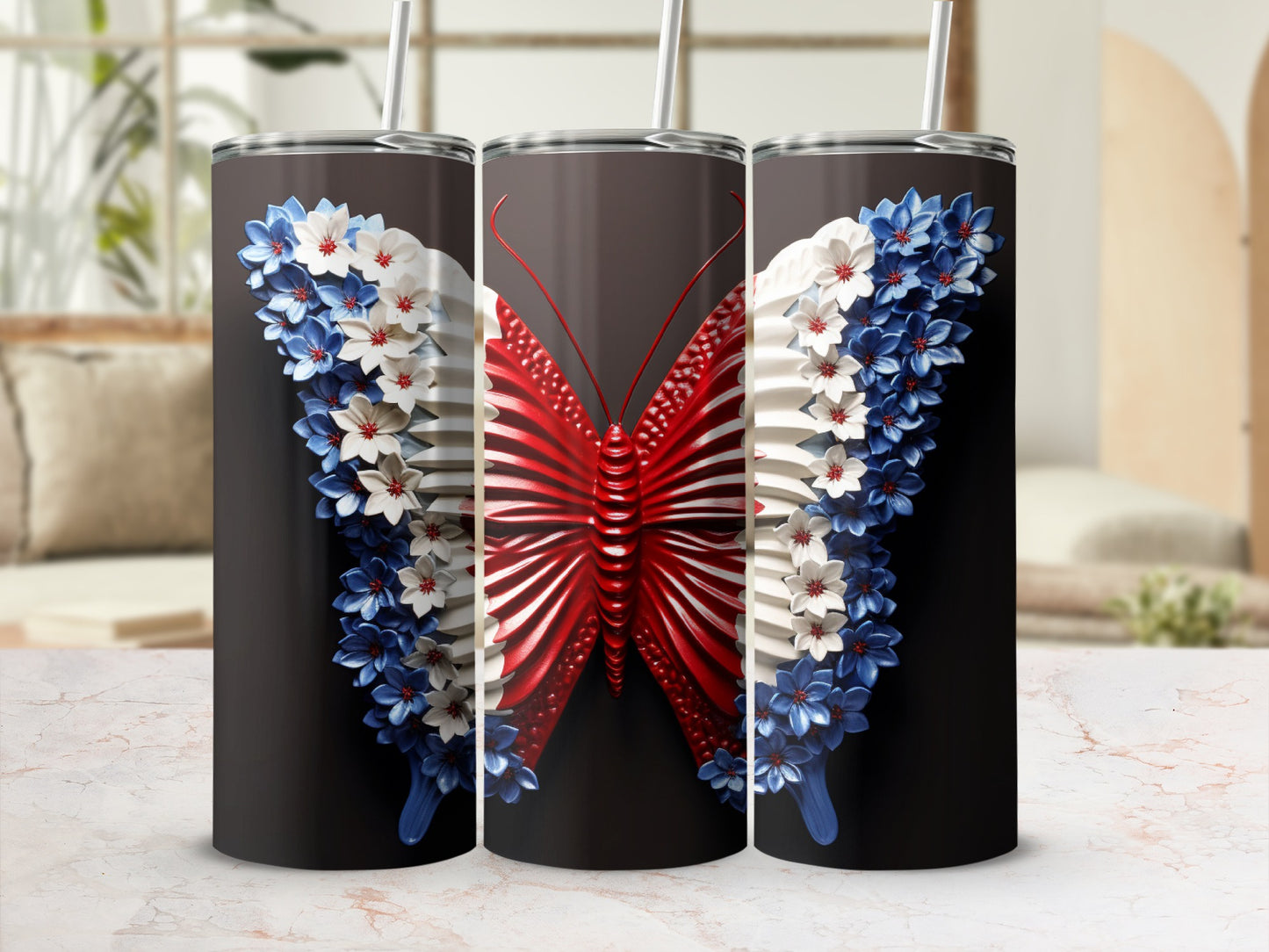 Tall tumbler with red, white, and blue butterfly design.