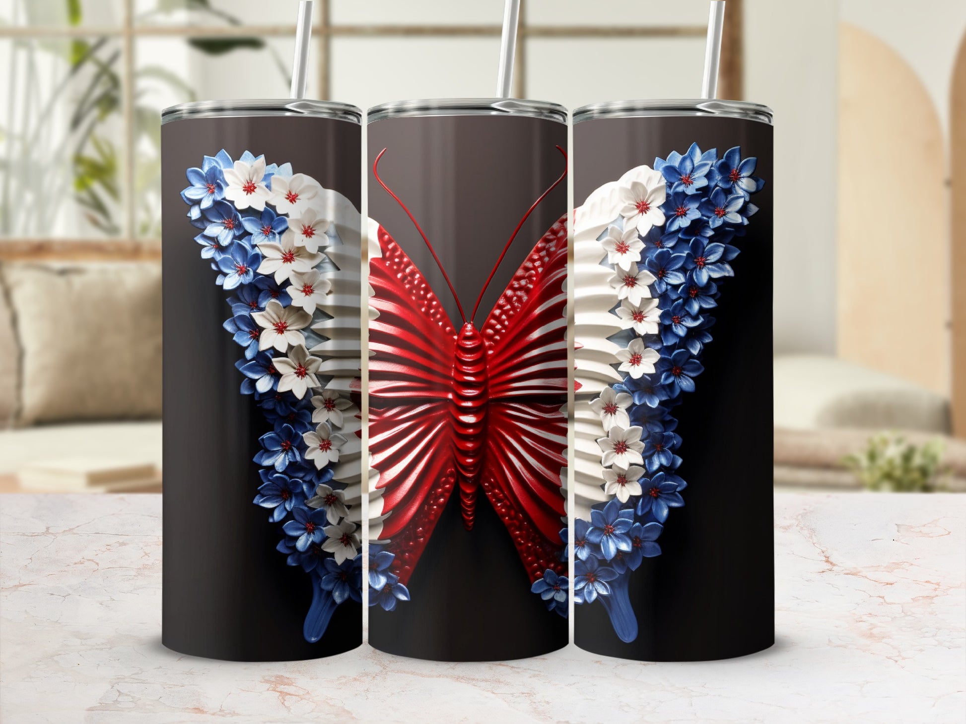 Tall tumbler with red, white, and blue butterfly design.