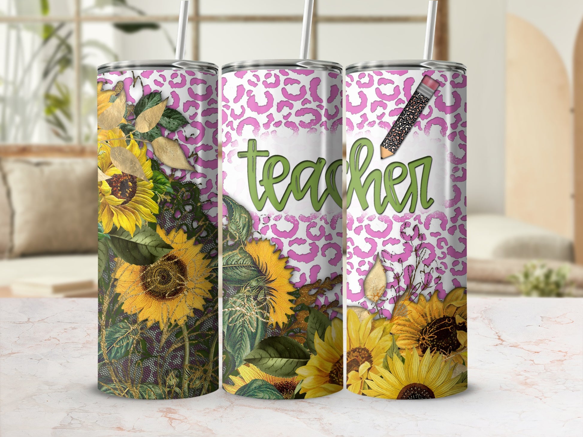 Sunflower and leopard print tumbler with "Teacher" text.