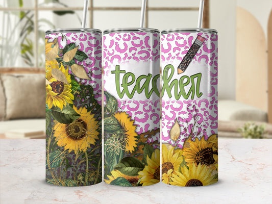 Sunflower and leopard print tumbler with "Teacher" text.