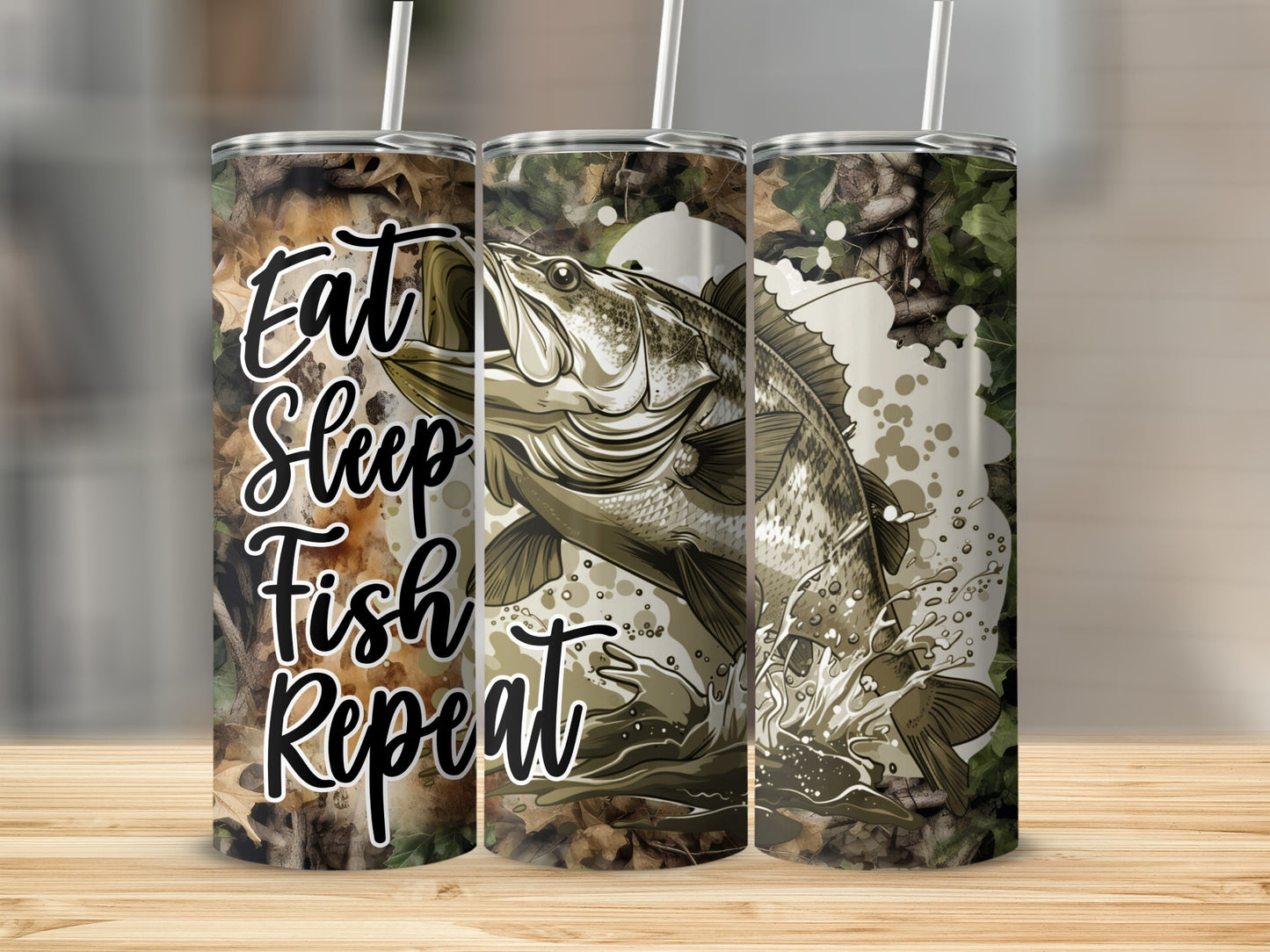 Camouflage tumbler with "Eat Sleep Fish Repeat" text and leaping bass graphic.